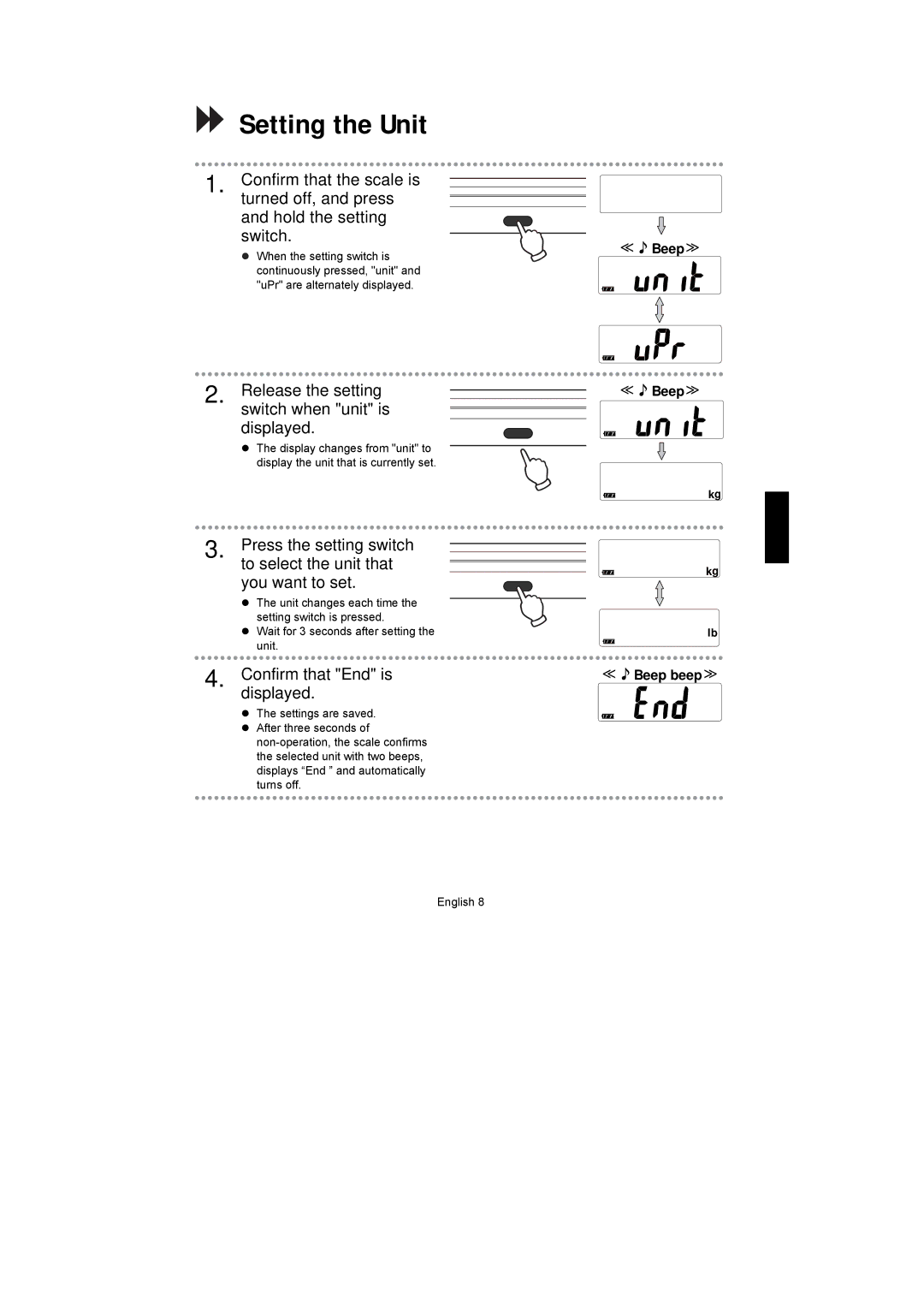 A&D UC-351PBT-Ci Setting the Unit, Release the setting switch when unit is Displayed, Confirm that End is displayed 