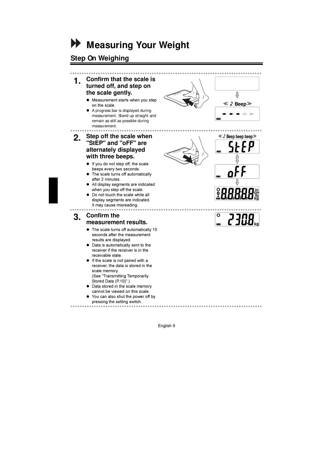 A&D UC-351PBT-Ci Measuring Your Weight, Step On Weighing, Confirm the measurement results, ≪Beep beep beep≫ 