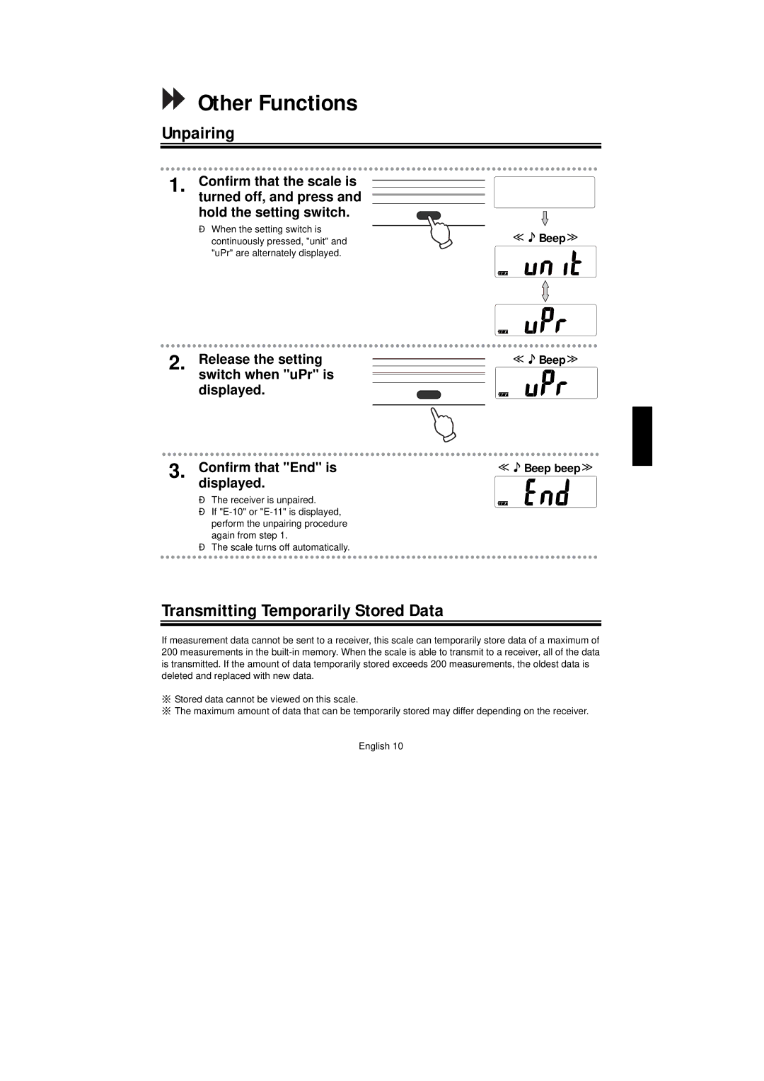 A&D UC-351PBT-Ci instruction manual Other Functions, Unpairing, Transmitting Temporarily Stored Data 