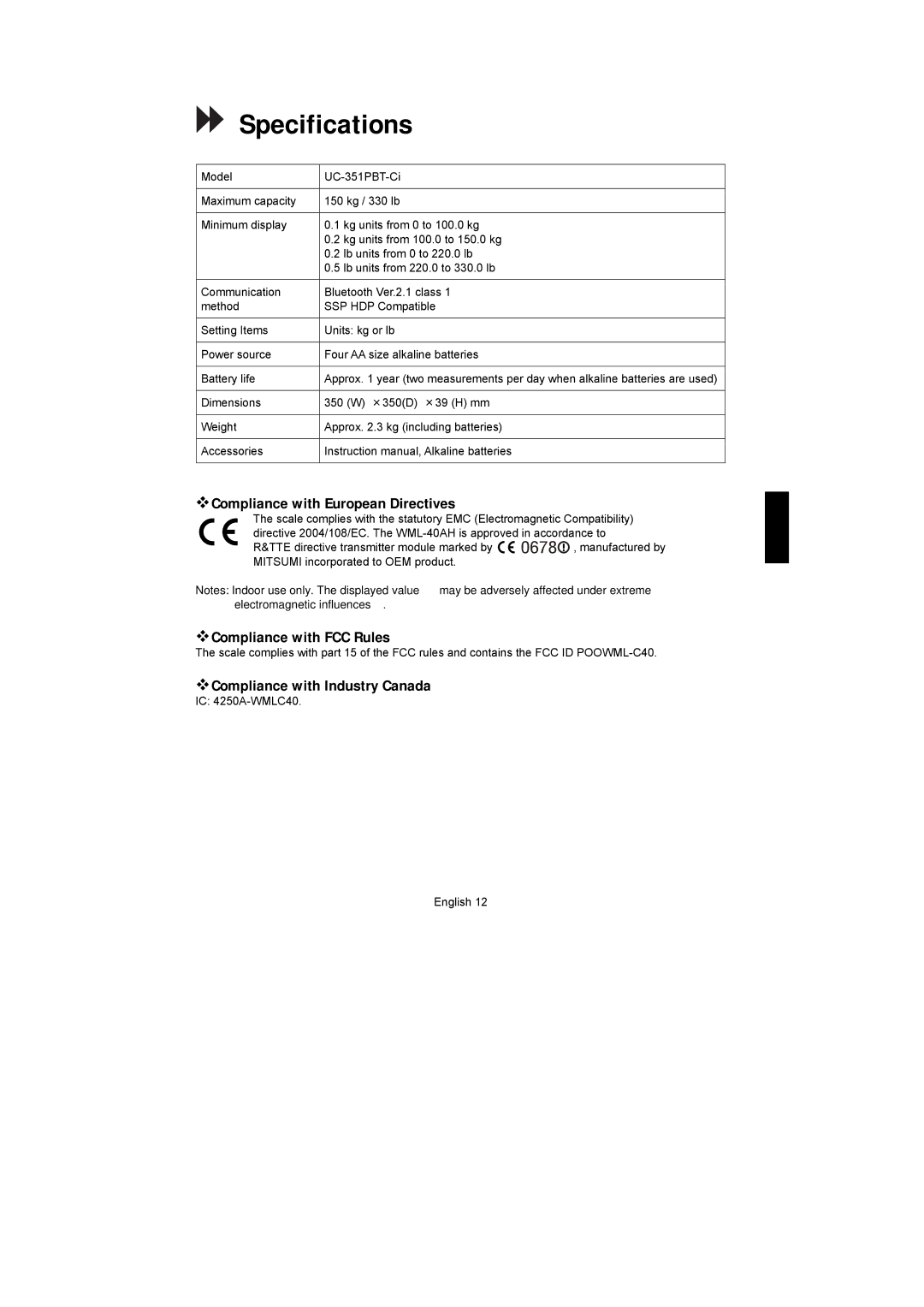 A&D UC-351PBT-Ci instruction manual Specifications,  Compliance with European Directives,  Compliance with FCC Rules 