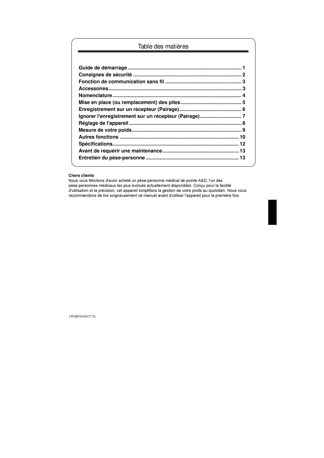 A&D UC-351PBT-Ci instruction manual Table des matières, Chers clients 