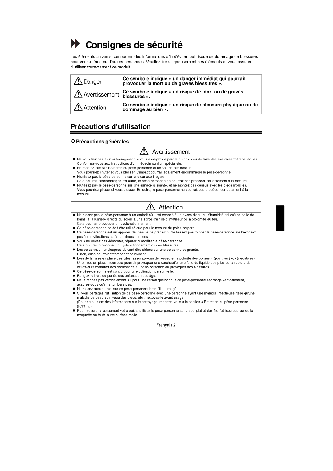 A&D UC-351PBT-Ci instruction manual Consignes de sécurité, Précautions dutilisation, Avertissement,  Précautions générales 