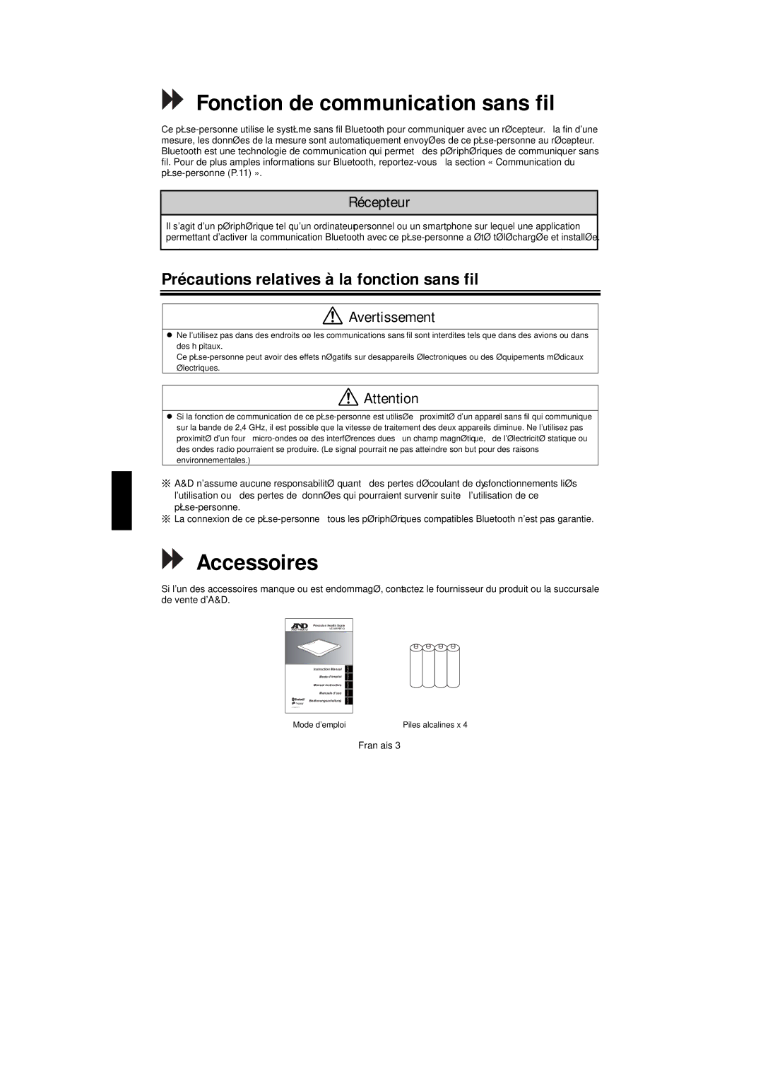 A&D UC-351PBT-Ci Fonction de communication sans fil, Accessoires, Précautions relatives à la fonction sans fil, Récepteur 