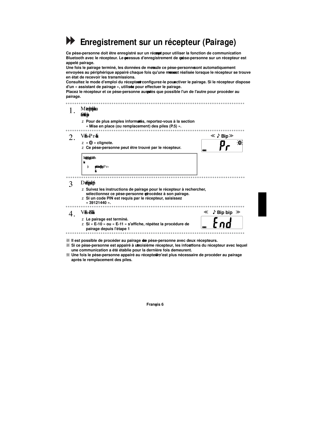 A&D UC-351PBT-Ci instruction manual Vérifiez si « Pr » saffiche, Démarrez le pairage sur le récepteur 