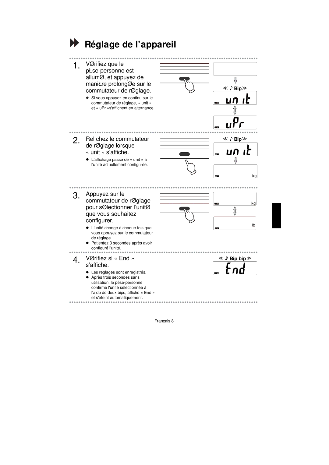 A&D UC-351PBT-Ci instruction manual Réglage de lappareil, Vérifiez si « End » saffiche, ≪Bip bip≫ 