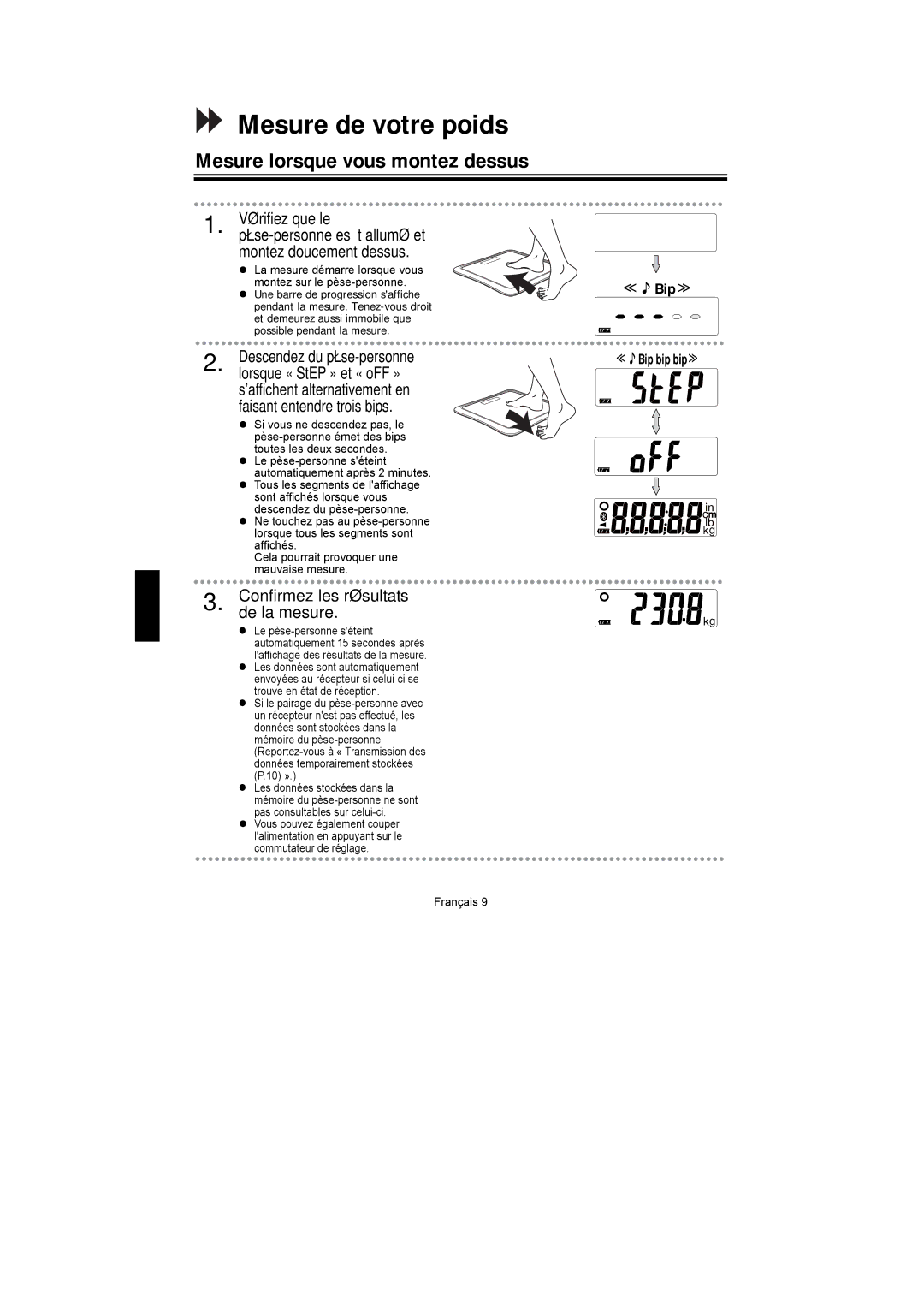 A&D UC-351PBT-Ci instruction manual Mesure de votre poids, Mesure lorsque vous montez dessus 