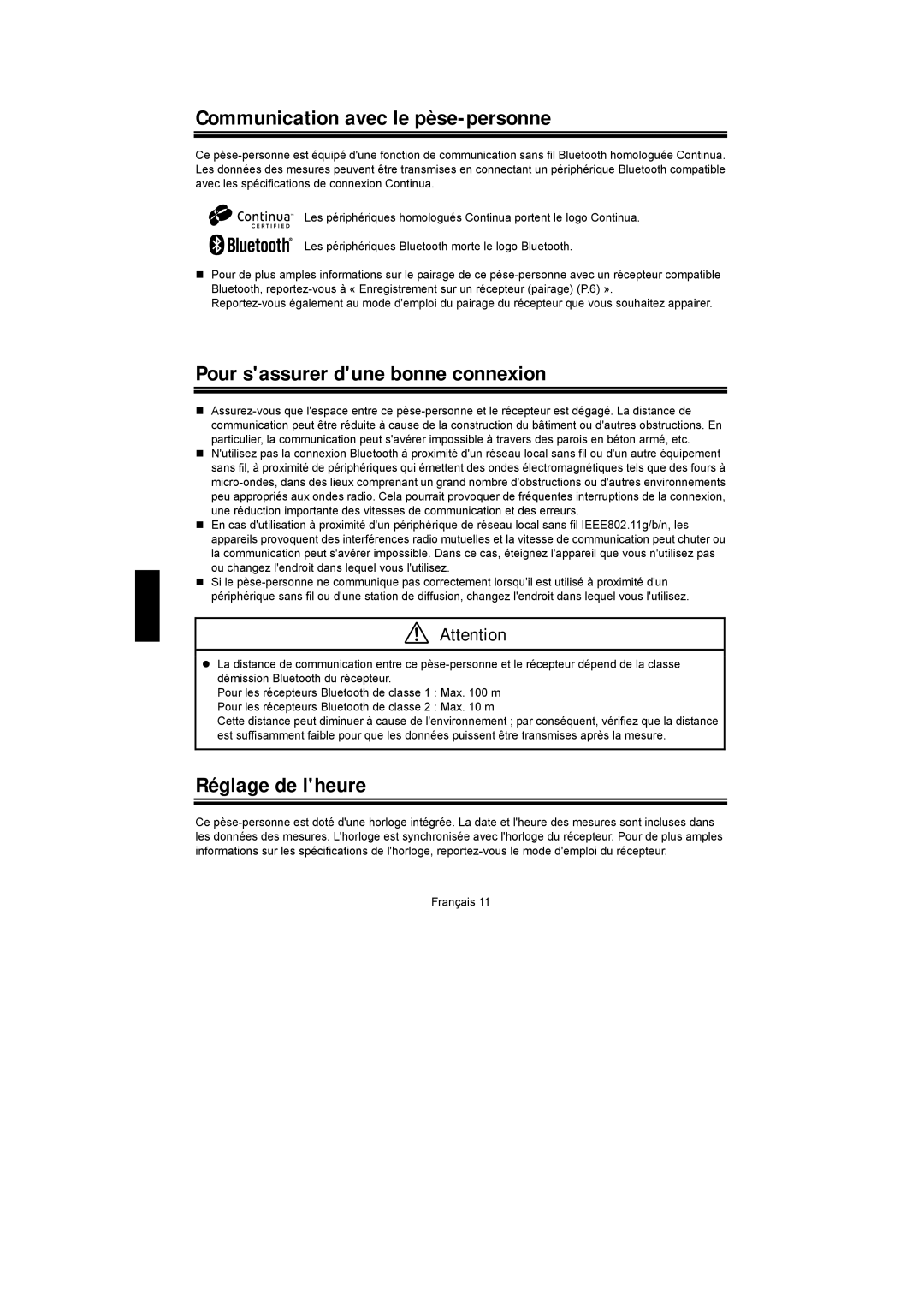 A&D UC-351PBT-Ci Communication avec le pèse-personne, Pour sassurer dune bonne connexion, Réglage de lheure 