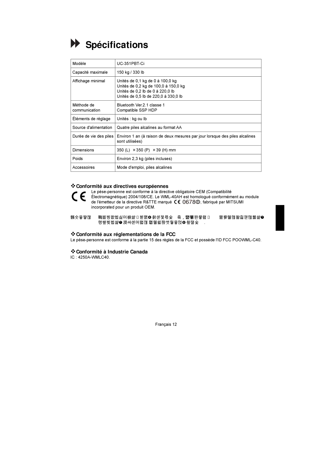 A&D UC-351PBT-Ci Spécifications,  Conformité aux directives européennes,  Conformité aux réglementations de la FCC 