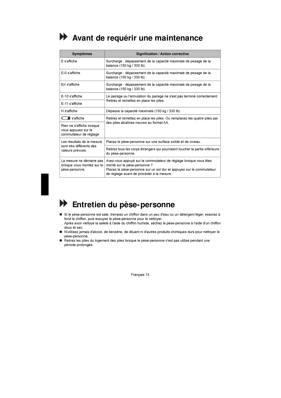 A&D UC-351PBT-Ci Avant de requérir une maintenance, Entretien du pèse-personne, Valeurs prévues, Du pèse-personne 