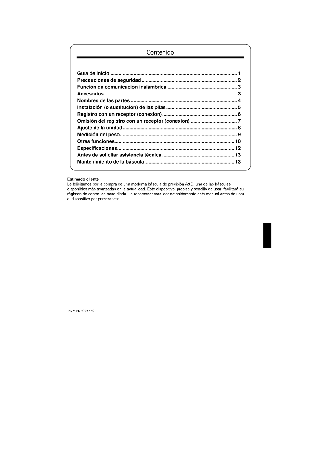 A&D UC-351PBT-Ci instruction manual Contenido, Estimado cliente 