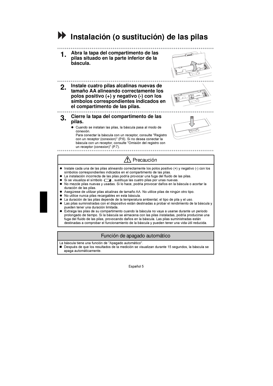 A&D UC-351PBT-Ci instruction manual Instalación o sustitución de las pilas, Función de apagado automático 