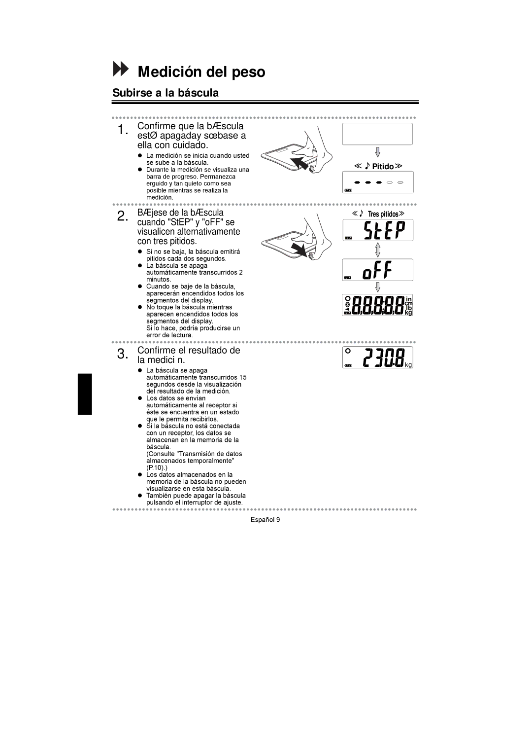 A&D UC-351PBT-Ci Medición del peso, Subirse a la báscula, ≪Pitido≫, ≪ Tres pitidos≫ Confirme el resultado de la medición 