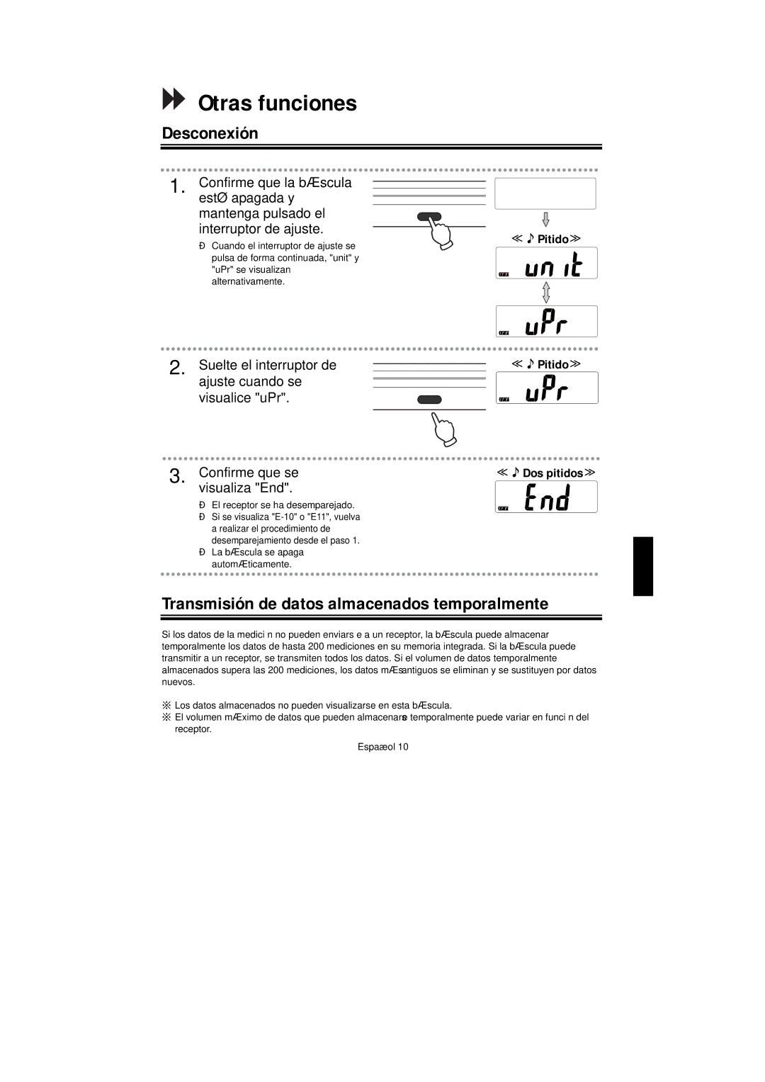 A&D UC-351PBT-Ci instruction manual Otras funciones, Desconexión, Transmisión de datos almacenados temporalmente 