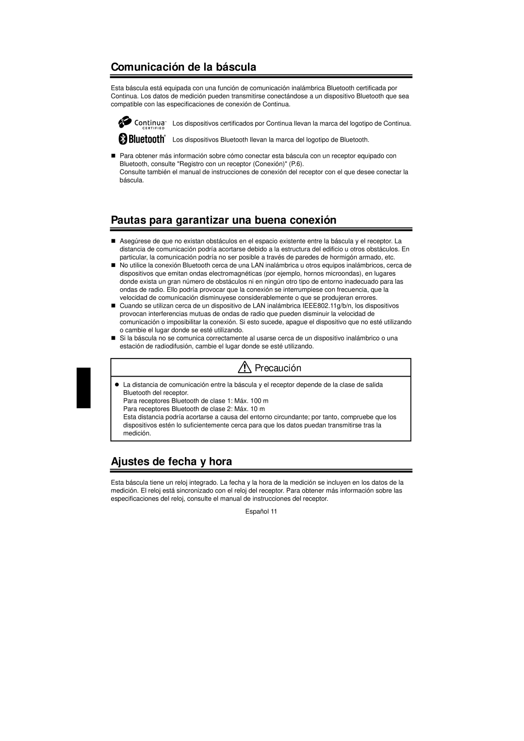 A&D UC-351PBT-Ci Comunicación de la báscula, Pautas para garantizar una buena conexión, Ajustes de fecha y hora 