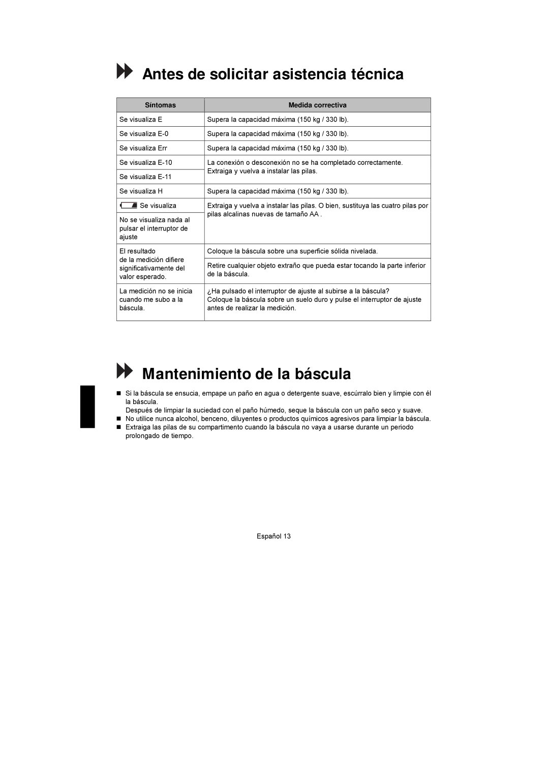 A&D UC-351PBT-Ci Antes de solicitar asistencia técnica, Mantenimiento de la báscula, Síntomas Medida correctiva 