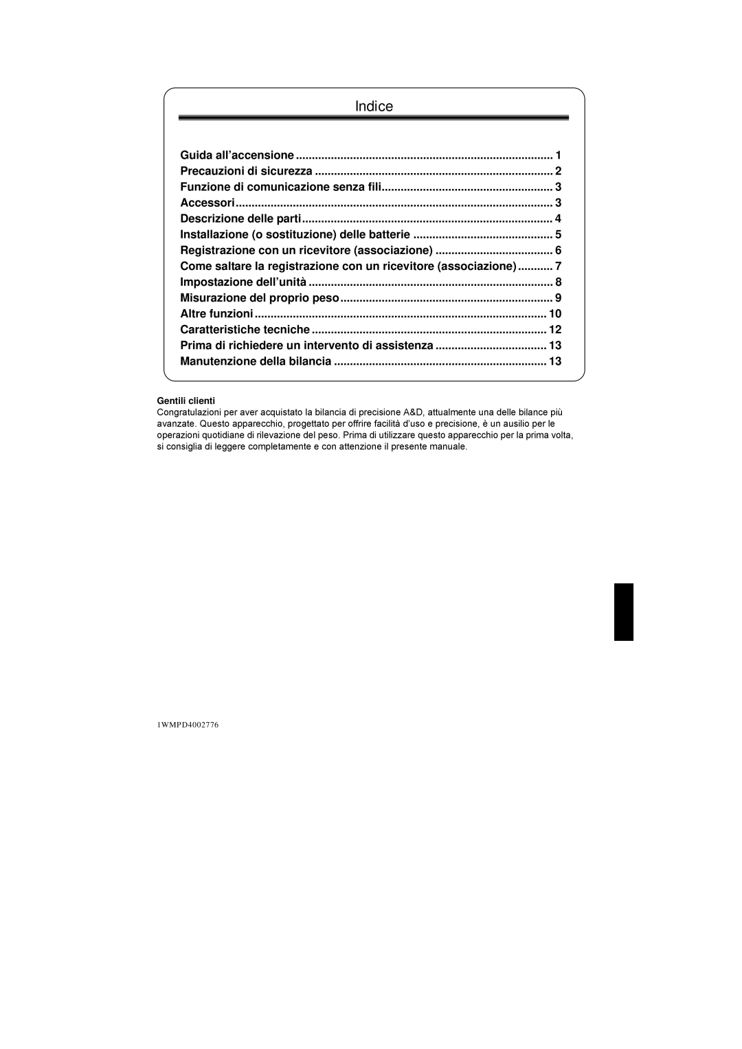 A&D UC-351PBT-Ci instruction manual Indice, Gentili clienti 