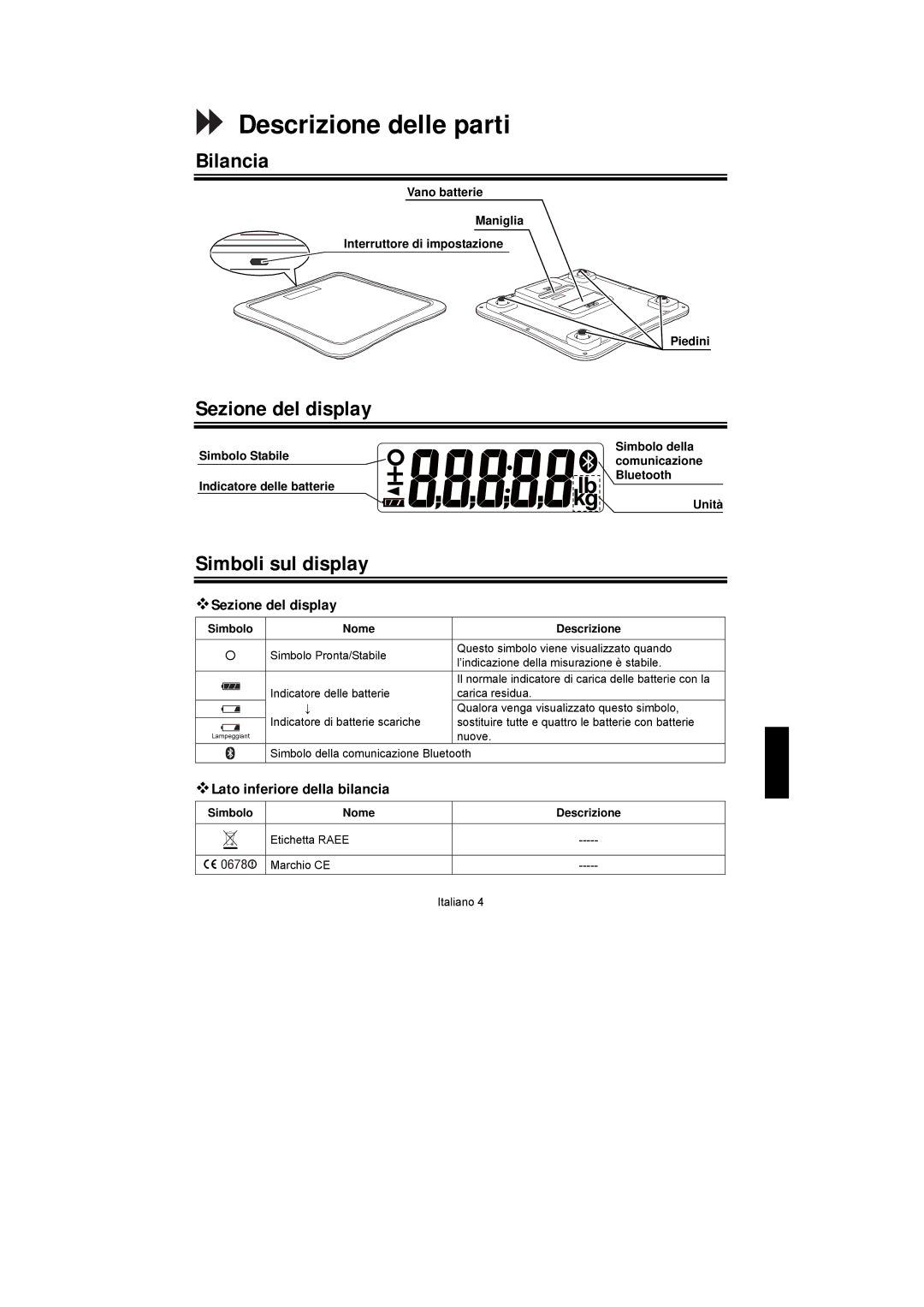 A&D UC-351PBT-Ci instruction manual Descrizione delle parti, Bilancia, Sezione del display, Simboli sul display 