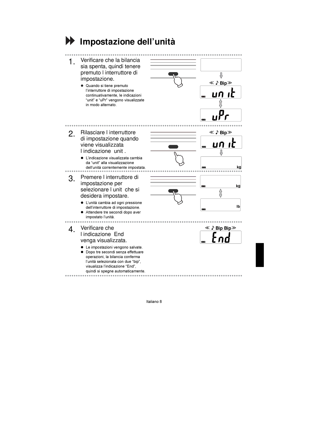 A&D UC-351PBT-Ci instruction manual Impostazione dell’unità, Verificare che l’indicazione End venga visualizzata 