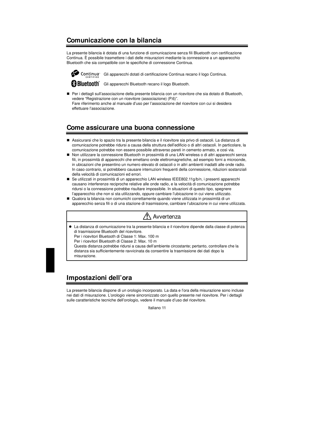 A&D UC-351PBT-Ci Comunicazione con la bilancia, Come assicurare una buona connessione, Impostazioni dell’ora 