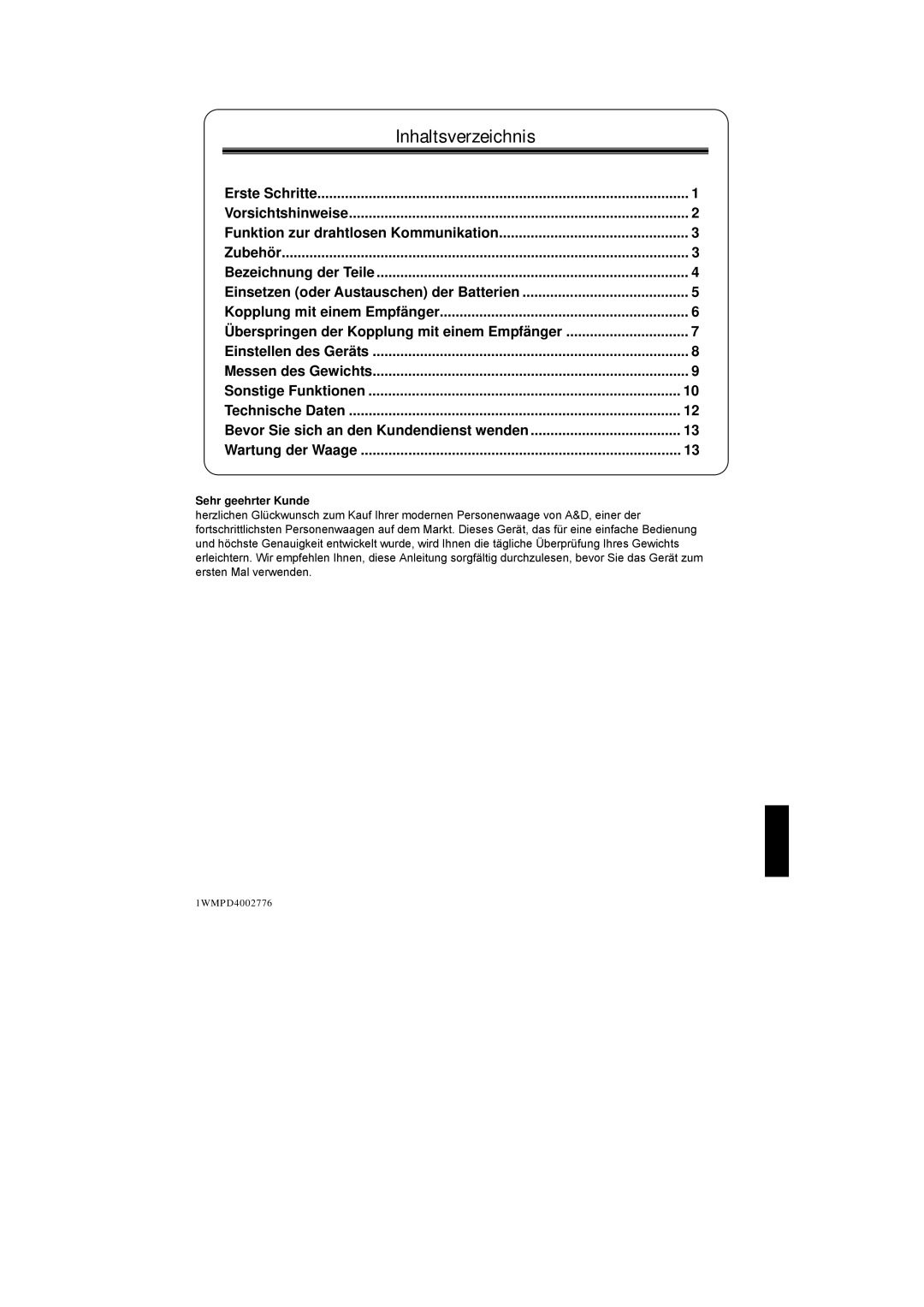 A&D UC-351PBT-Ci instruction manual Inhaltsverzeichnis, Sehr geehrter Kunde 