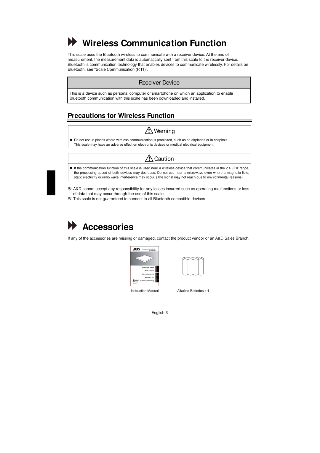 A&D UC-351PBT-Ci Wireless Communication Function, Accessories, Precautions for Wireless Function, Receiver Device 