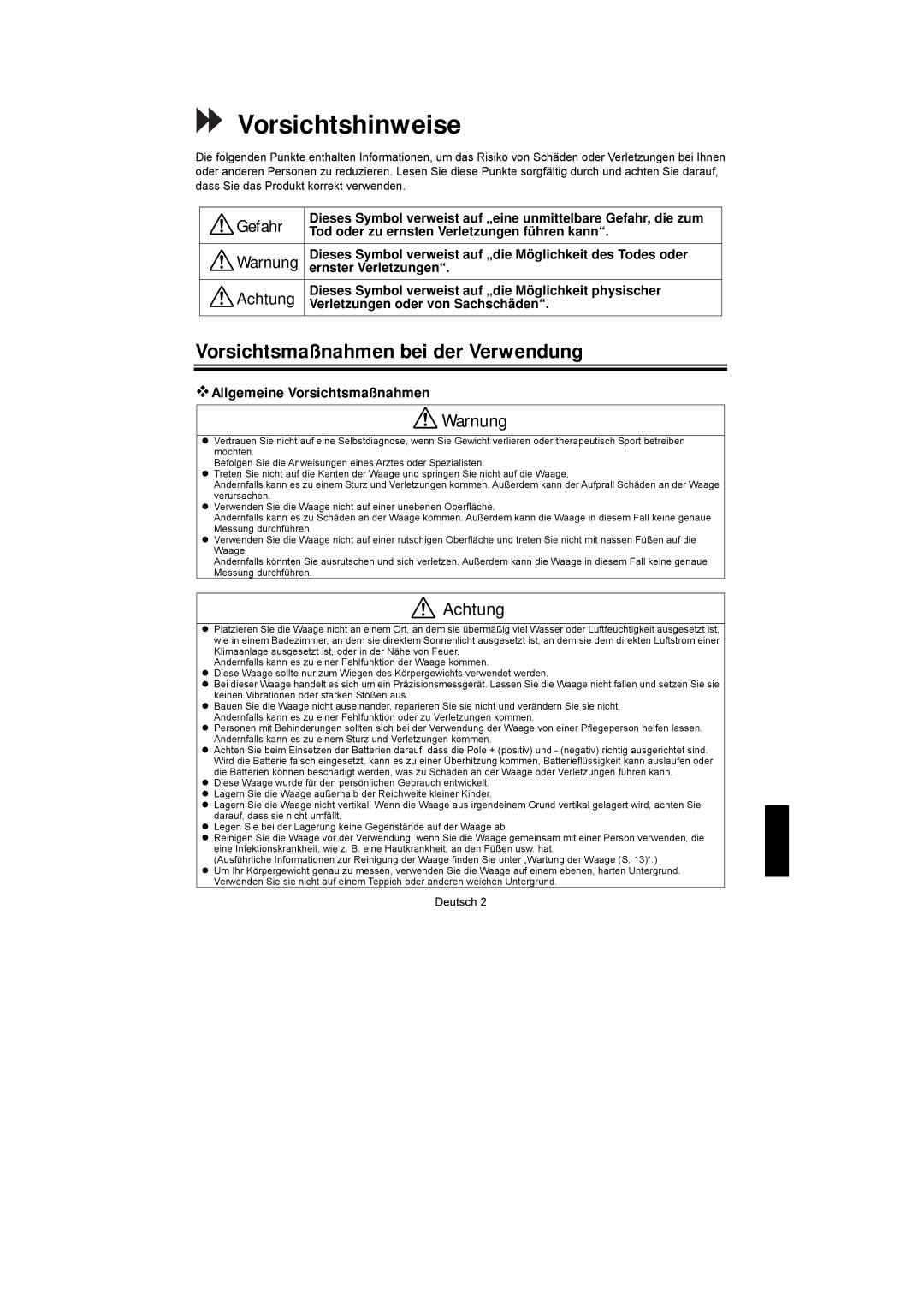 A&D UC-351PBT-Ci instruction manual Vorsichtshinweise, Vorsichtsmaßnahmen bei der Verwendung, Warnung, Achtung 