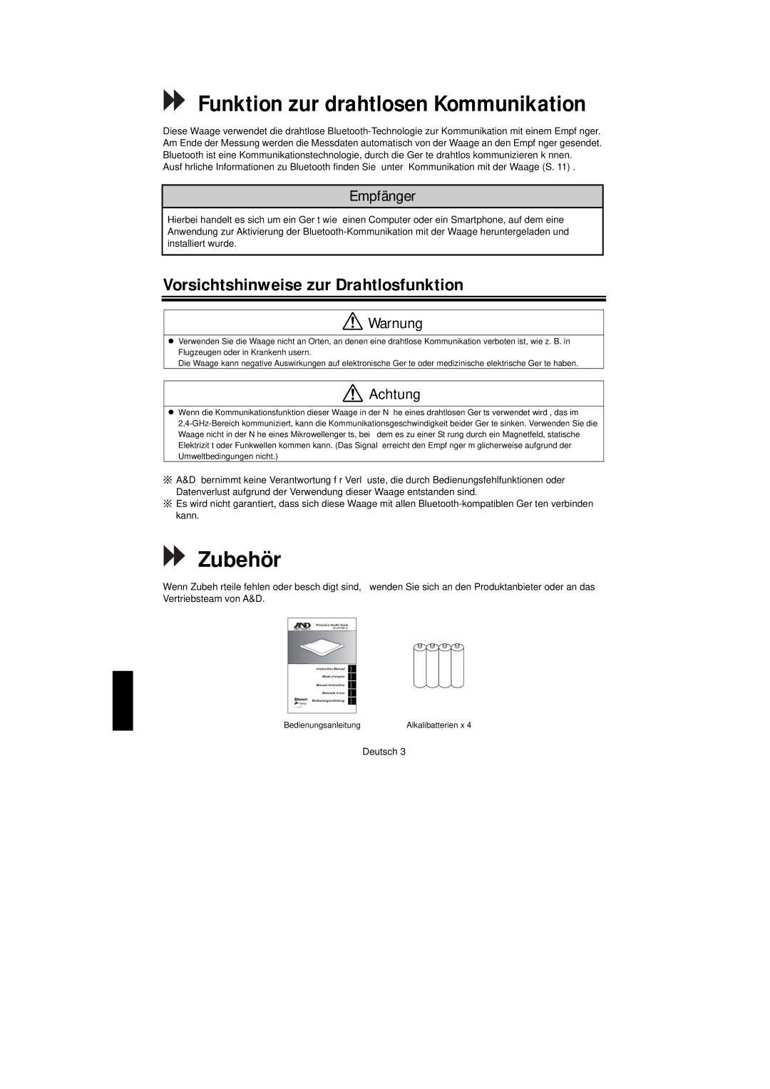 A&D UC-351PBT-Ci instruction manual Zubehör, Vorsichtshinweise zur Drahtlosfunktion, Empfänger 