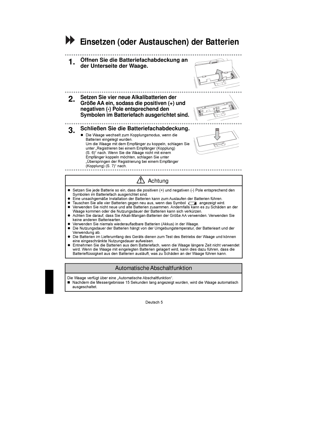 A&D UC-351PBT-Ci instruction manual Automatische Abschaltfunktion, Schließen Sie die Batteriefachabdeckung 