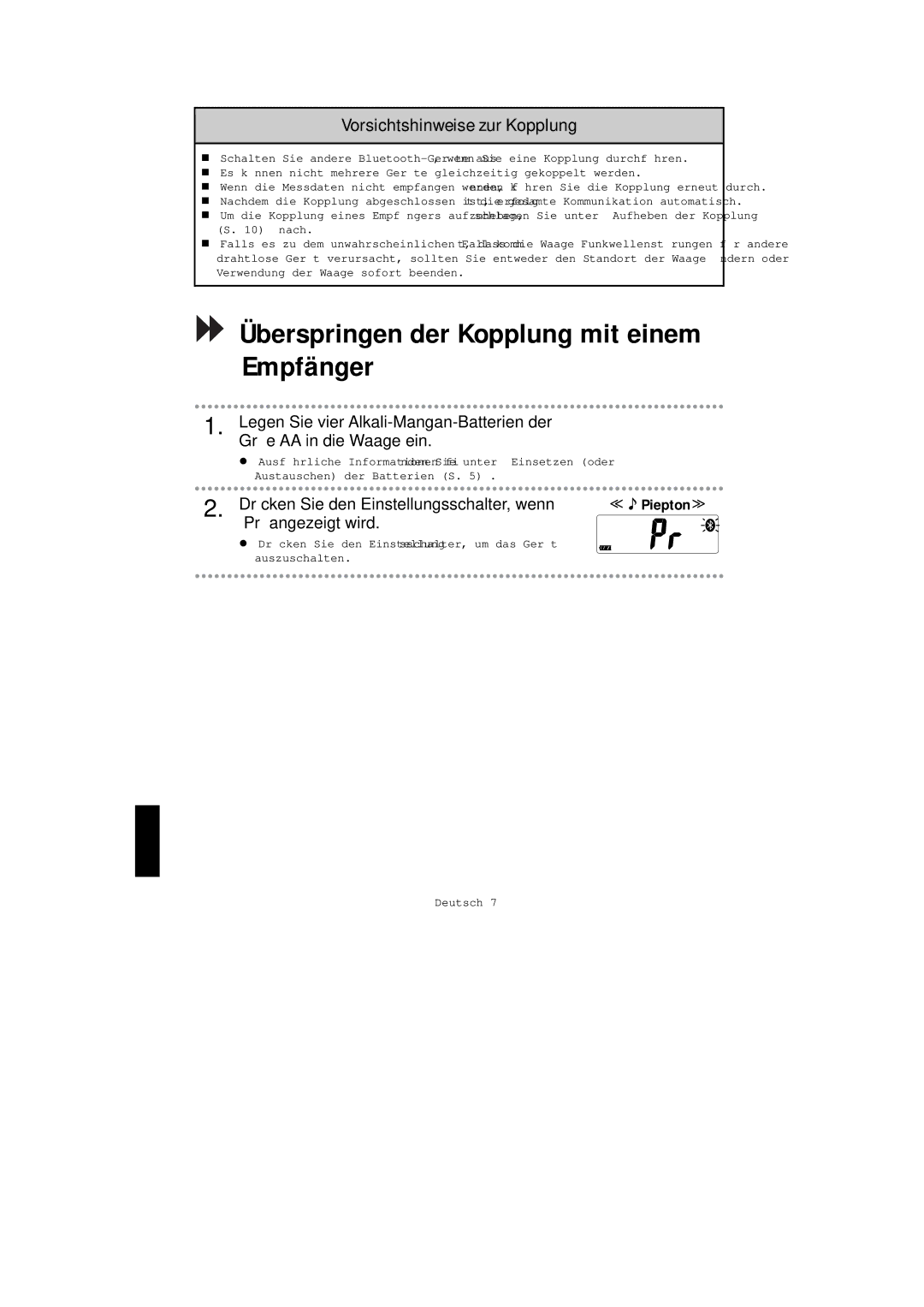 A&D UC-351PBT-Ci Überspringen der Kopplung mit einem Empfänger, Vorsichtshinweise zur Kopplung, „Pr angezeigt wird 