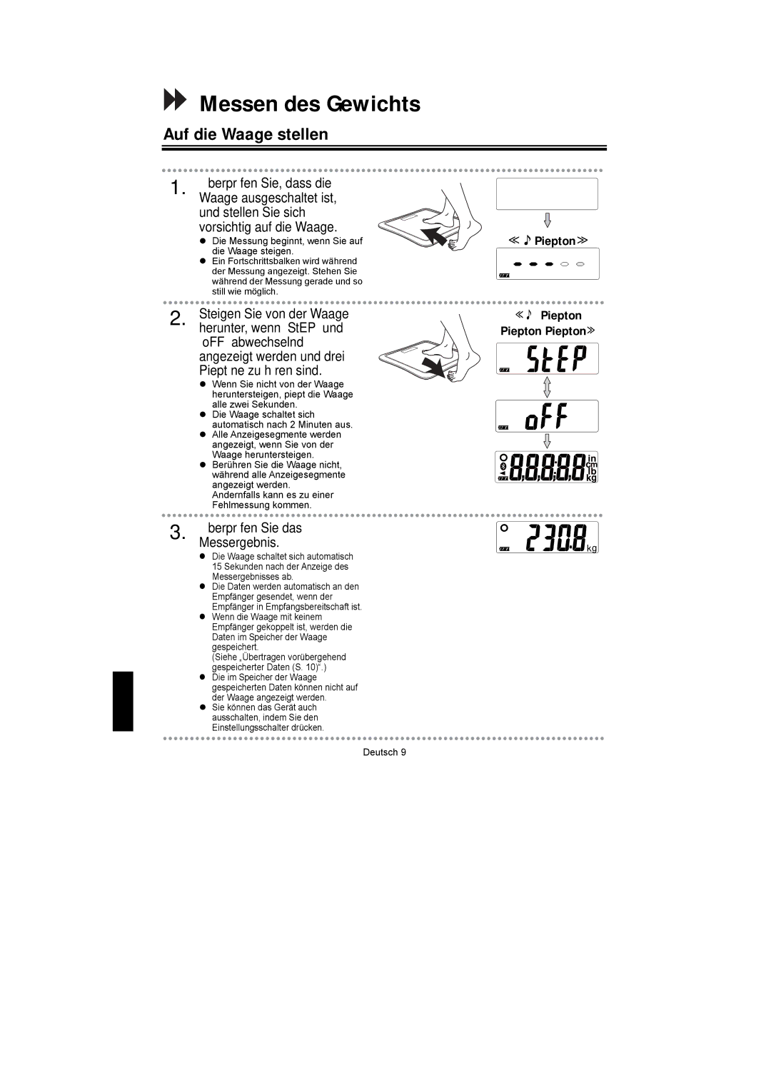 A&D UC-351PBT-Ci instruction manual Messen des Gewichts, Auf die Waage stellen, ≪Piepton≫ ≪ Piepton Piepton Piepton≫ 