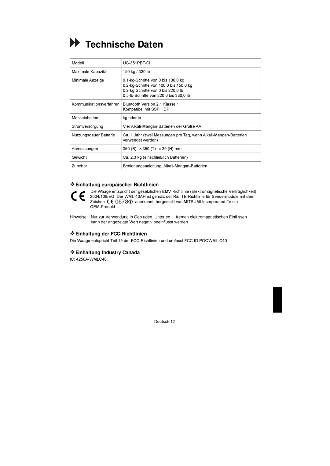 A&D UC-351PBT-Ci Technische Daten,  Einhaltung europäischer Richtlinien,  Einhaltung der FCC-Richtlinien 