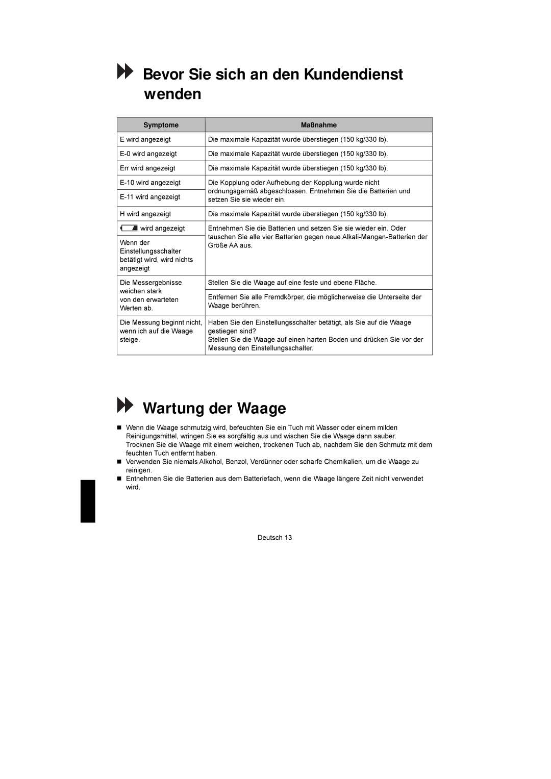 A&D UC-351PBT-Ci instruction manual Bevor Sie sich an den Kundendienst wenden, Wartung der Waage, Symptome Maßnahme 