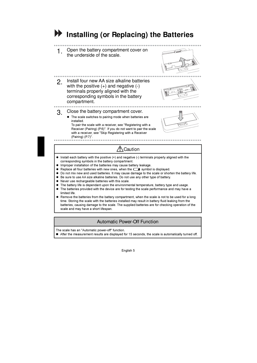 A&D UC-351PBT-Ci instruction manual Installing or Replacing the Batteries, Automatic Power-Off Function 