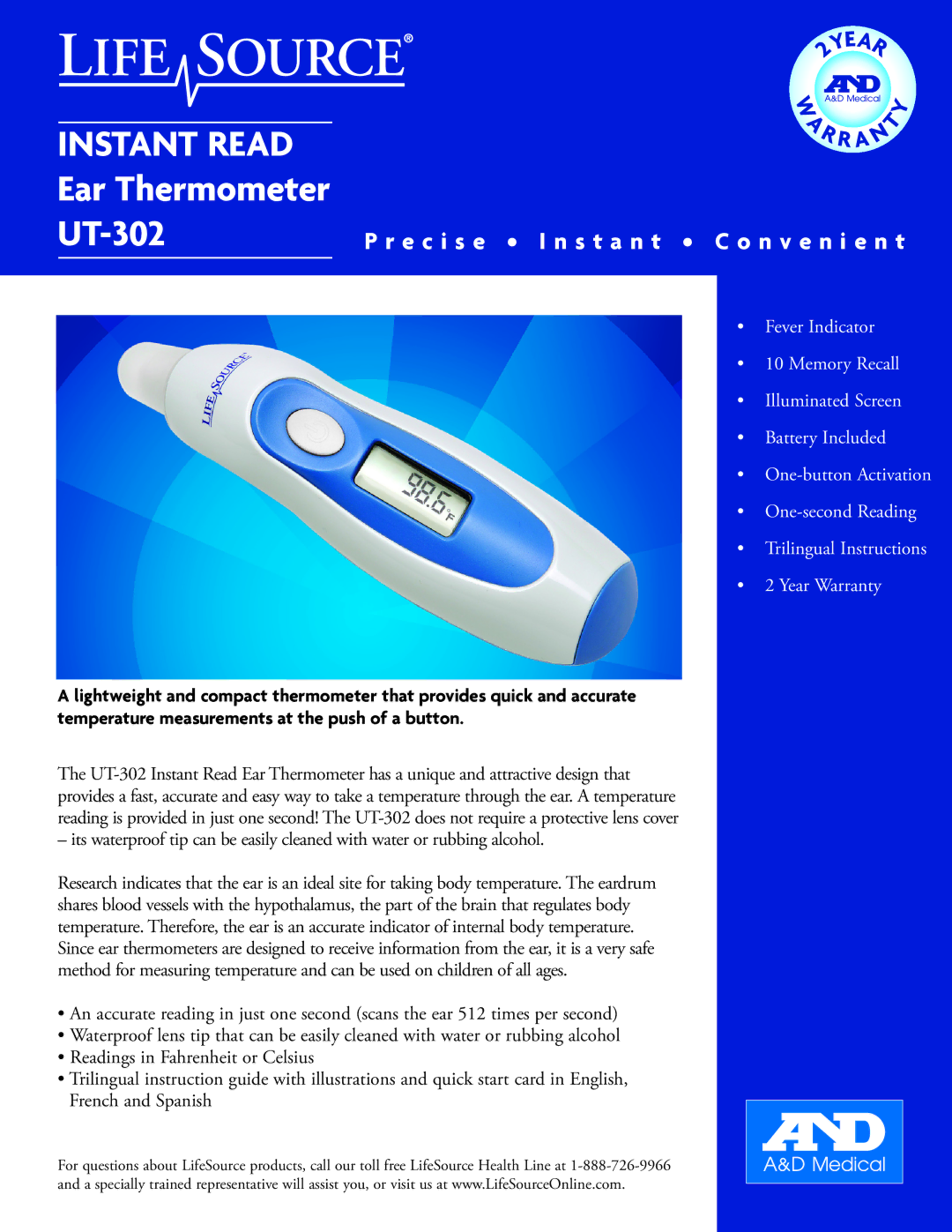 A&D warranty Instant Read, Ear Thermometer UT-302, E c i s e I n s t a n t C o n v e n i e n t 