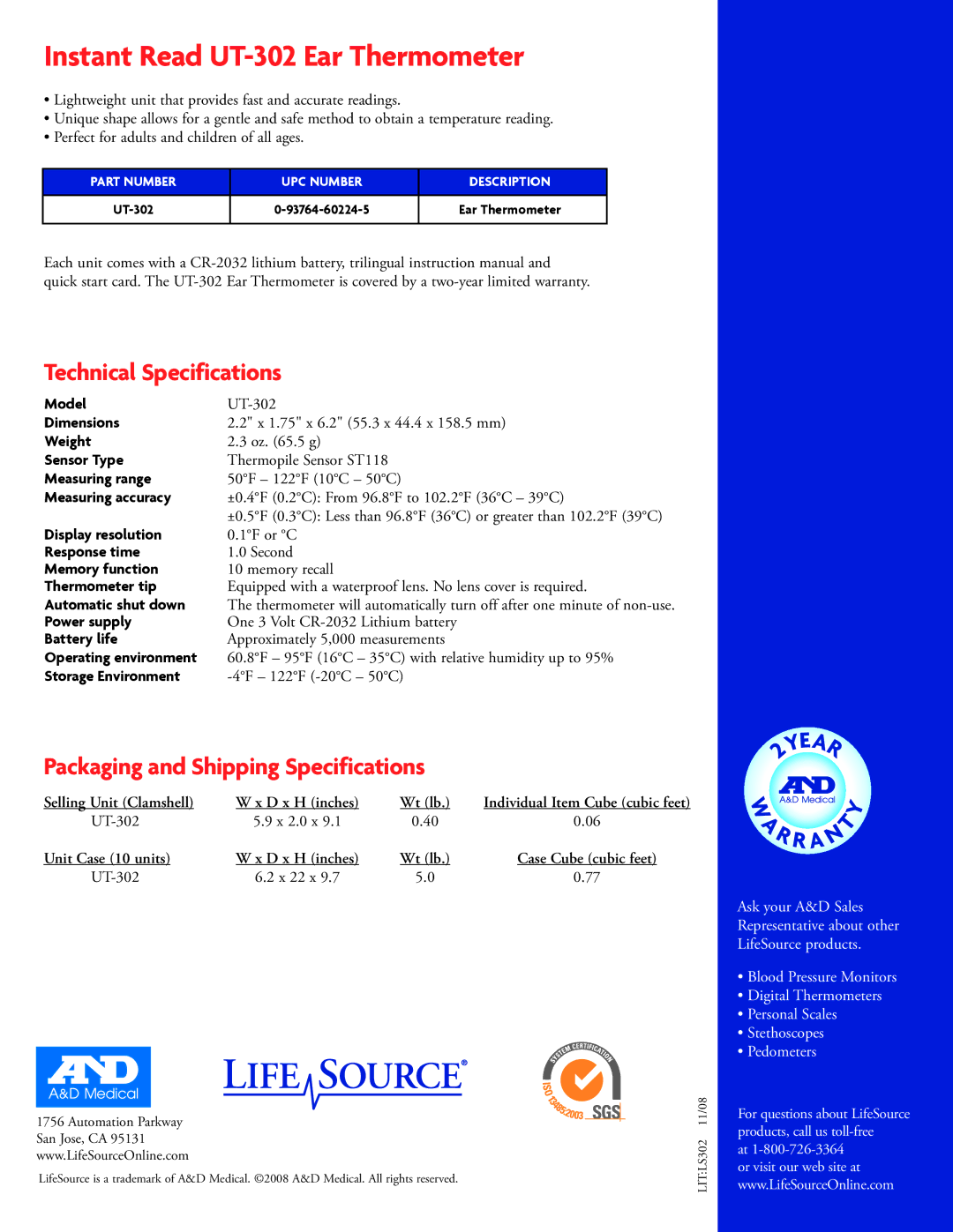 A&D warranty Instant Read UT-302 Ear Thermometer, Technical Specifications, Packaging and Shipping Specifications 