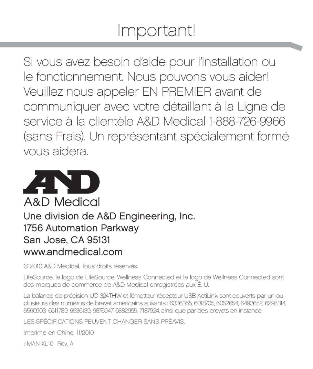 A&D XL-10 user manual Une division de A&D Engineering, Inc Automation Parkway 