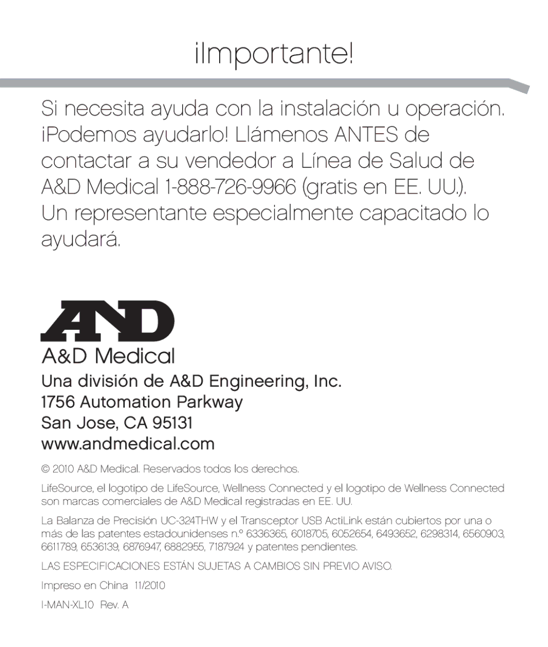 A&D XL-10 user manual ¡Importante, Una división de A&D Engineering, Inc Automation Parkway 