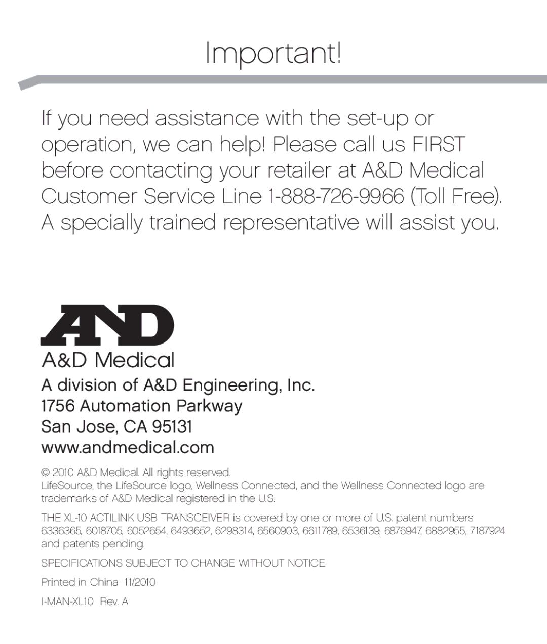 A&D XL-10 user manual Division of A&D Engineering, Inc Automation Parkway 