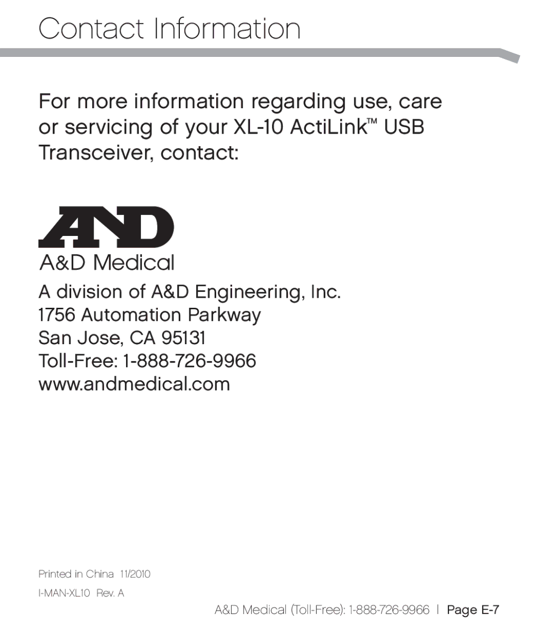 A&D XL-10 user manual Contact Information 