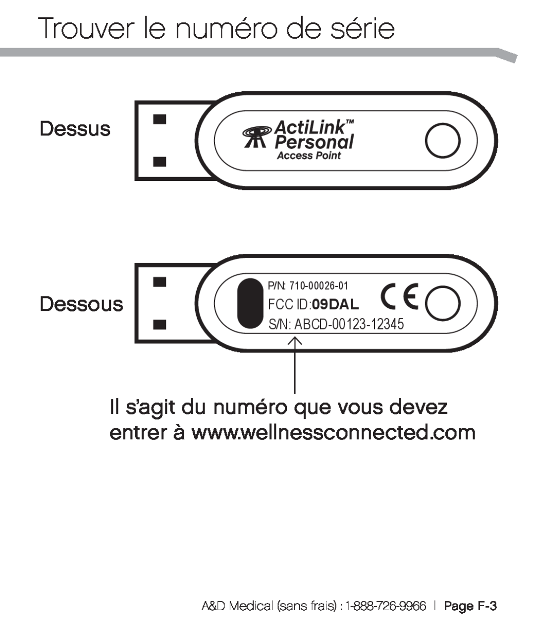 A&D XL-10 user manual Trouver le numéro de série, Dessus, Dessous, FCC ID09DAL S/N ABCD-00123-12345 