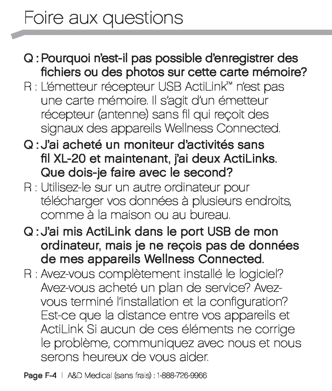 A&D XL-10 user manual Foire aux questions, Page F-4 A&D Medical sans frais 
