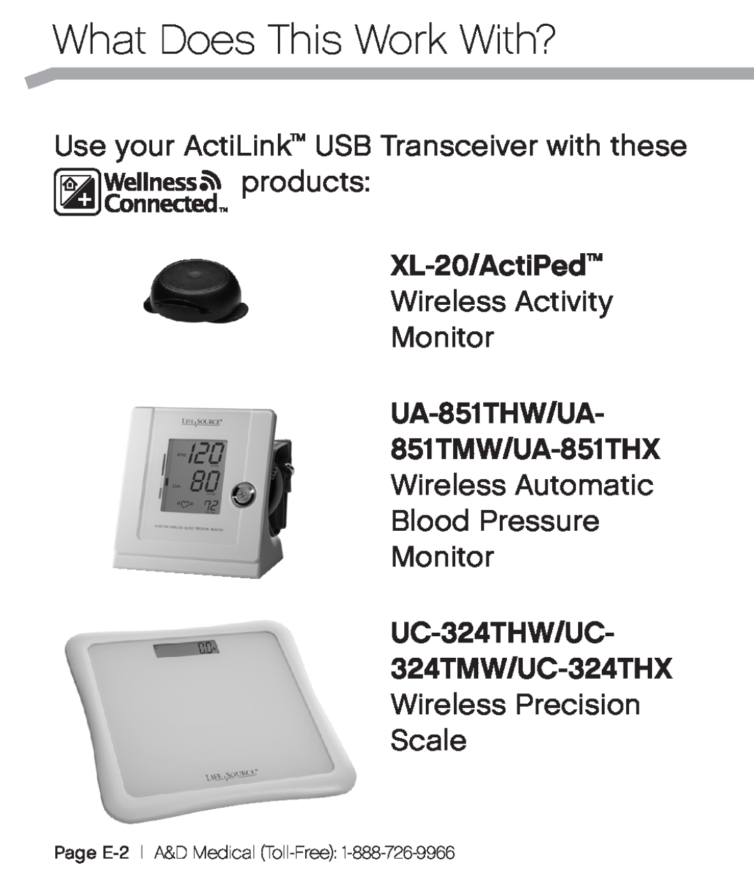 A&D XL-10 user manual What Does This Work With?, Use your ActiLink USB Transceiver with these products XL-20/ActiPed 