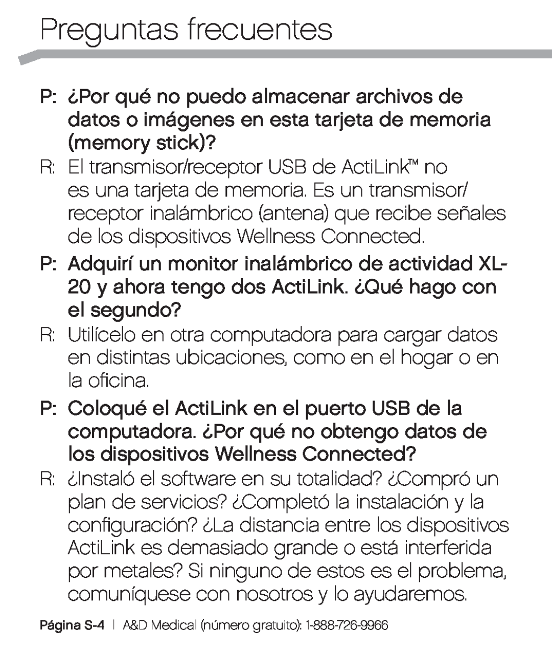 A&D XL-10 user manual Preguntas frecuentes, Página S-4 A&D Medical número gratuito 