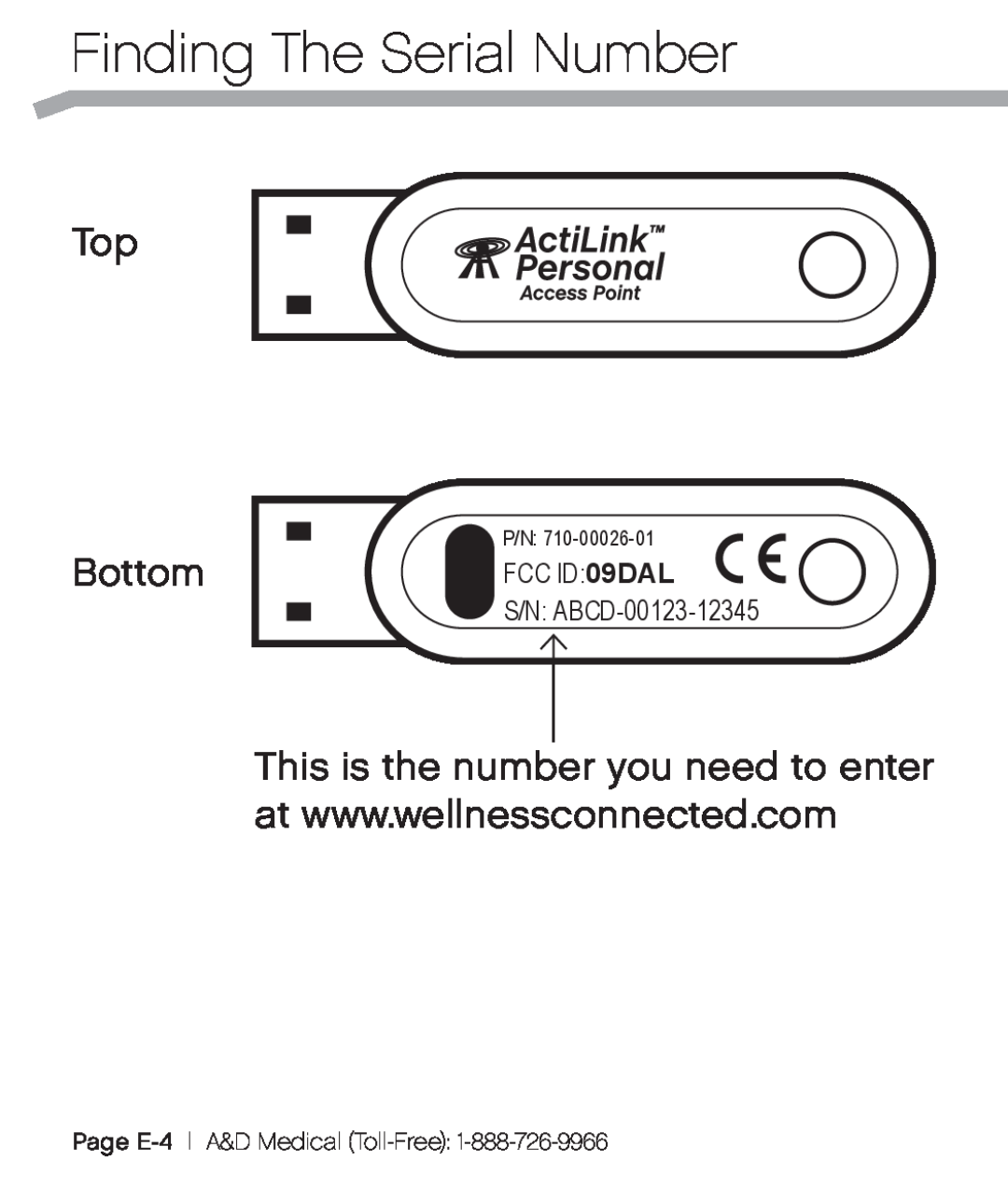 A&D XL-10 Finding The Serial Number, Top Bottom, FCC ID09DAL S/N ABCD-00123-12345, Page E-4 A&D Medical Toll-Free 