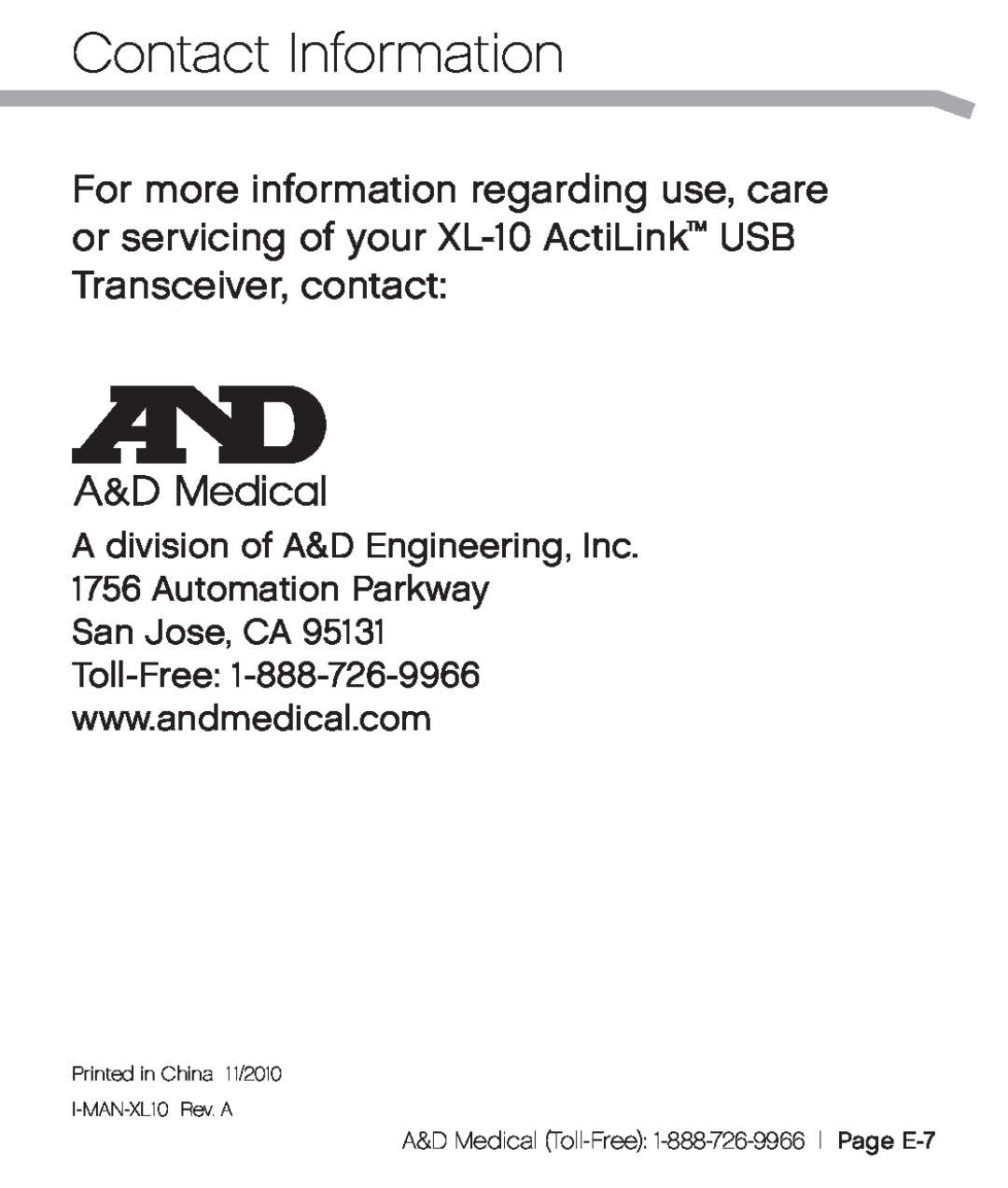 A&D XL-10 user manual Contact Information, A division of A&D Engineering, Inc. 1756 Automation Parkway 