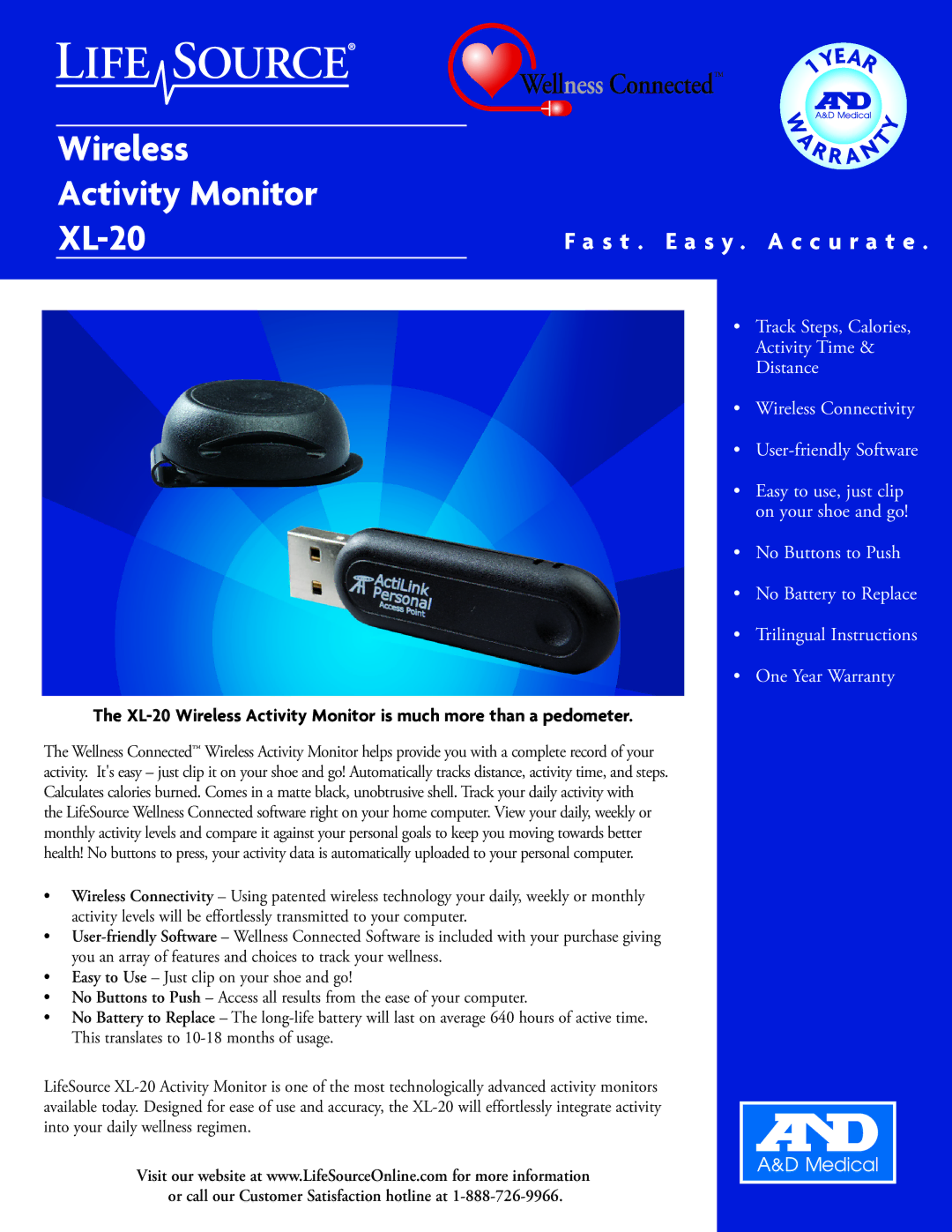 A&D warranty Wireless Activity Monitor XL-20, S t . E a s y . a c c u r a t e 