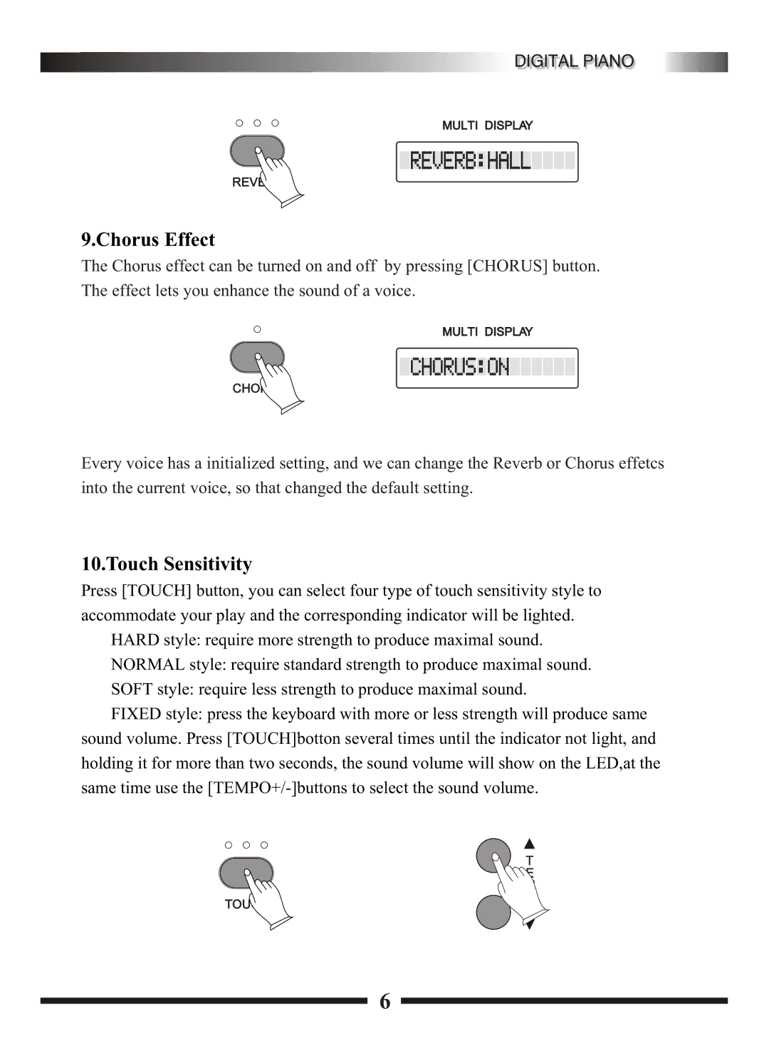 Adagio Teas KDP8865 manual Chorus Effect, Touch Sensitivity 