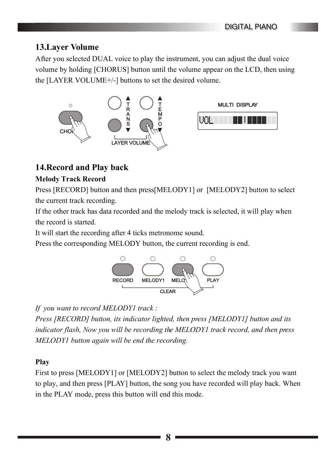 Adagio Teas KDP8865 manual Layer Volume, Record and Play back 