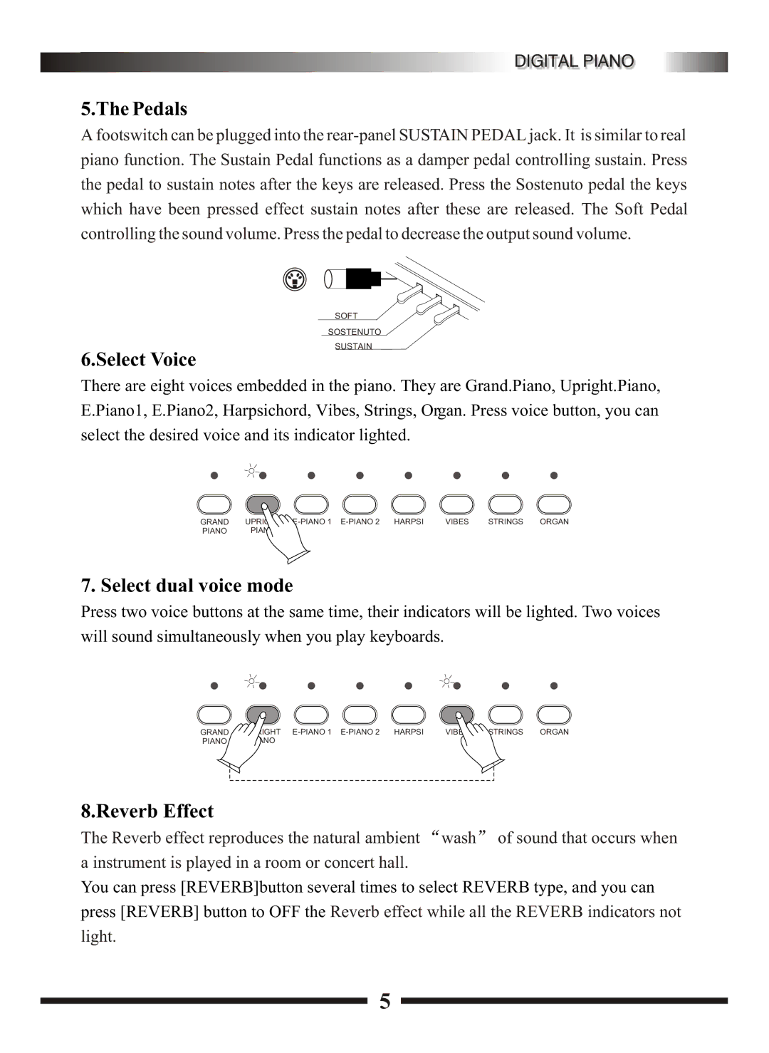 Adagio Teas KDP8865 manual Pedals, Select Voice, Select dual voice mode, Reverb Effect 