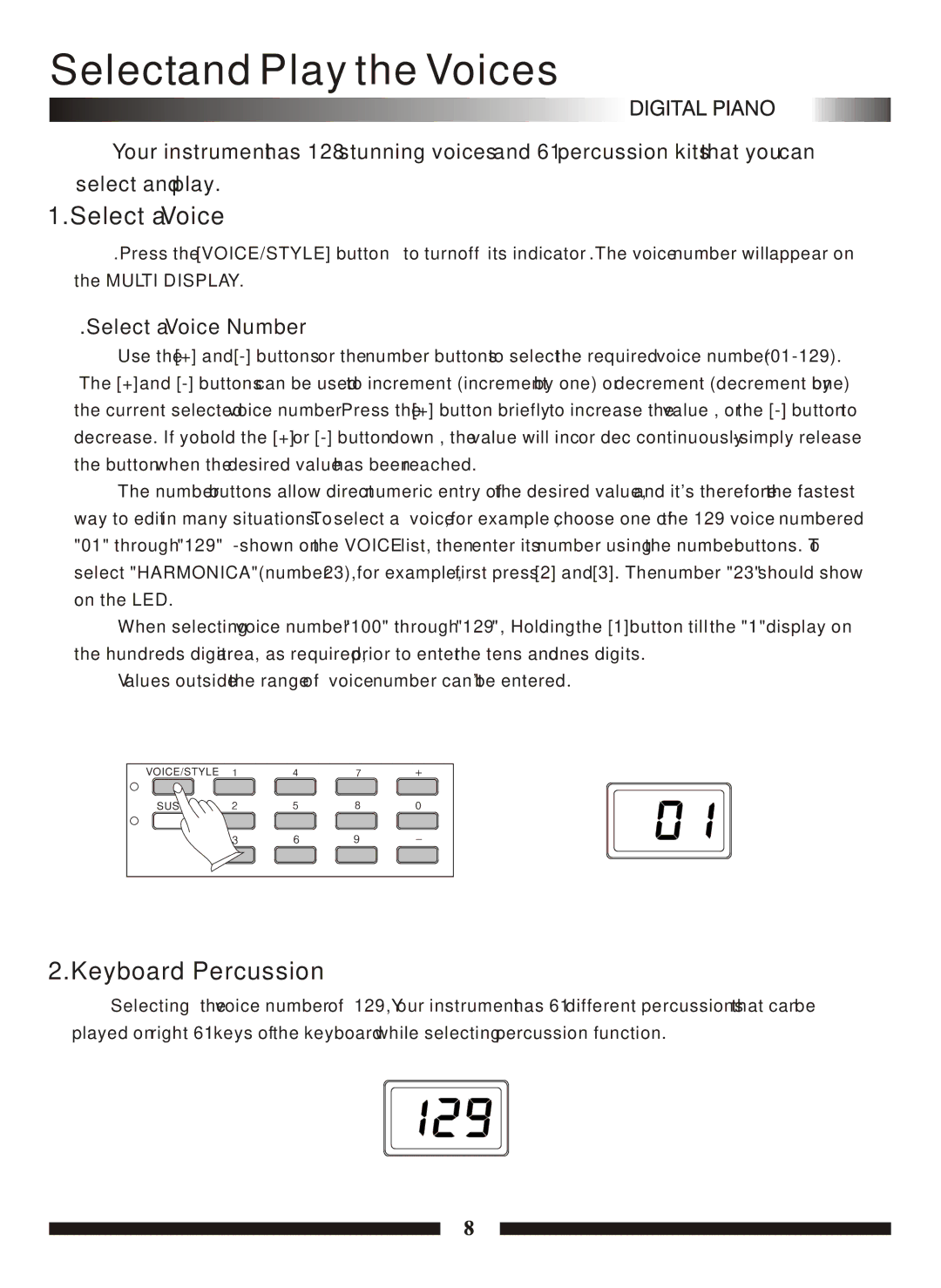 Adagio Teas PDP100 manual Select and Play the Voices, Keyboard Percussion, Select a Voice Number 